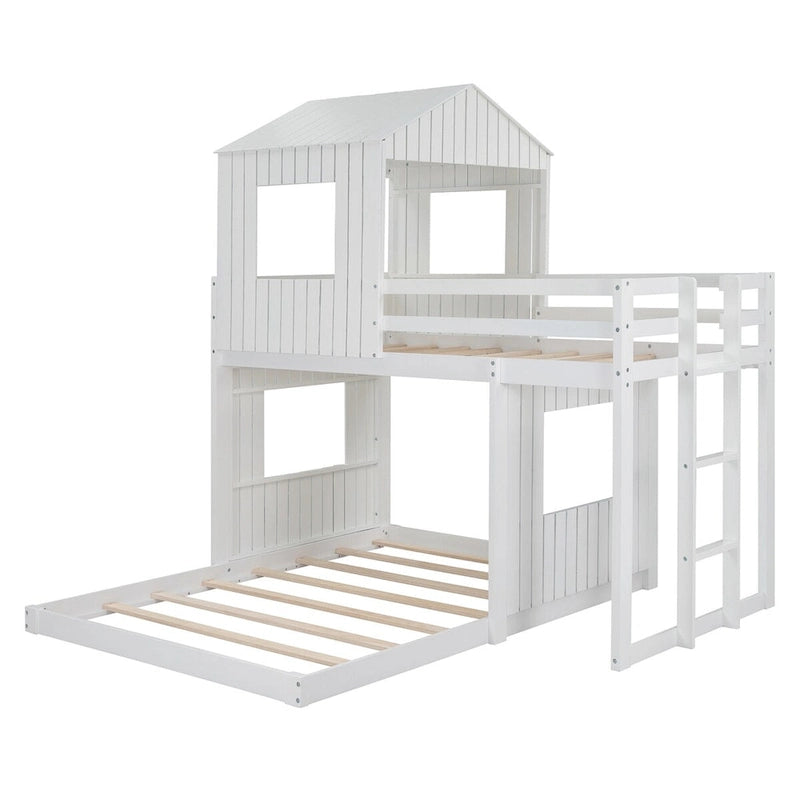 Lit superposé blanc double sur grand avec mezzanine et aire de jeux, 2 couchages