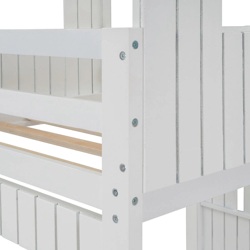 Lit superposé blanc double sur grand avec mezzanine et aire de jeux, 2 couchages