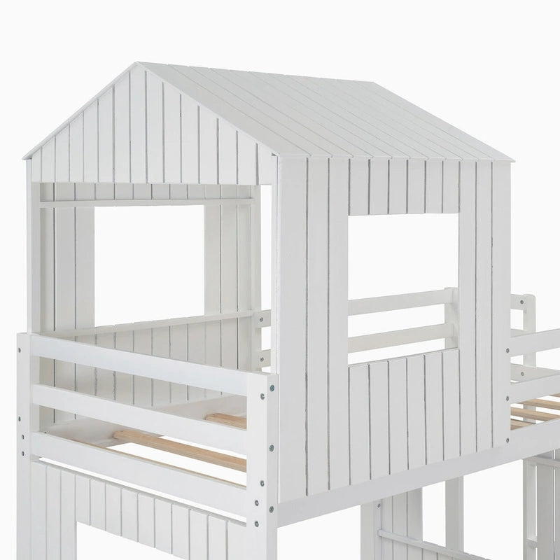 Lit superposé blanc double sur grand avec mezzanine et aire de jeux, 2 couchages