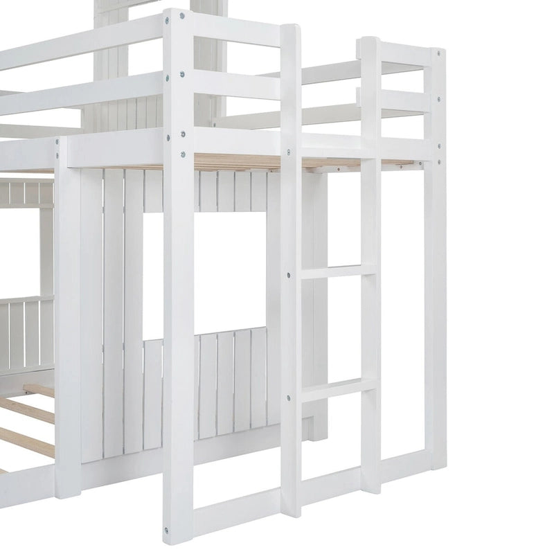 Lit superposé blanc double sur grand avec mezzanine et aire de jeux, 2 couchages