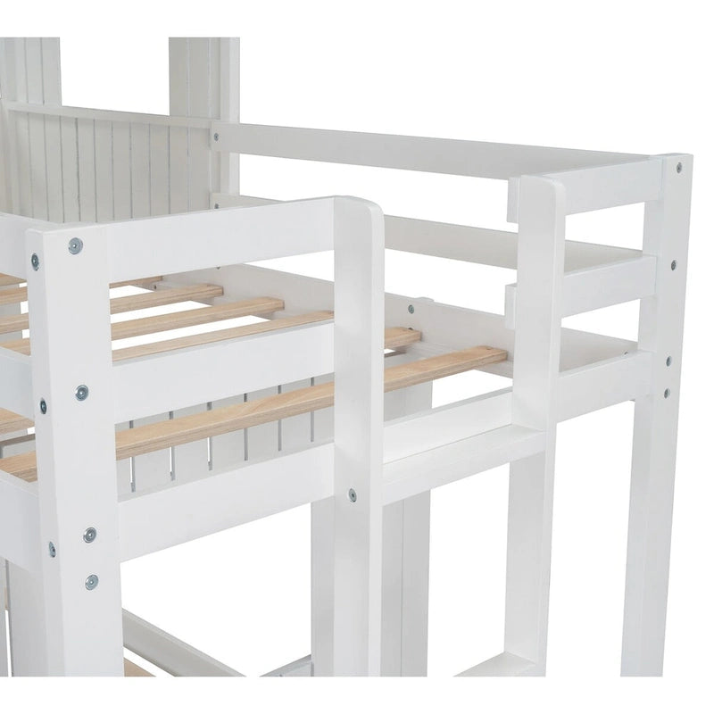 Lit superposé blanc double sur grand avec mezzanine et aire de jeux, 2 couchages