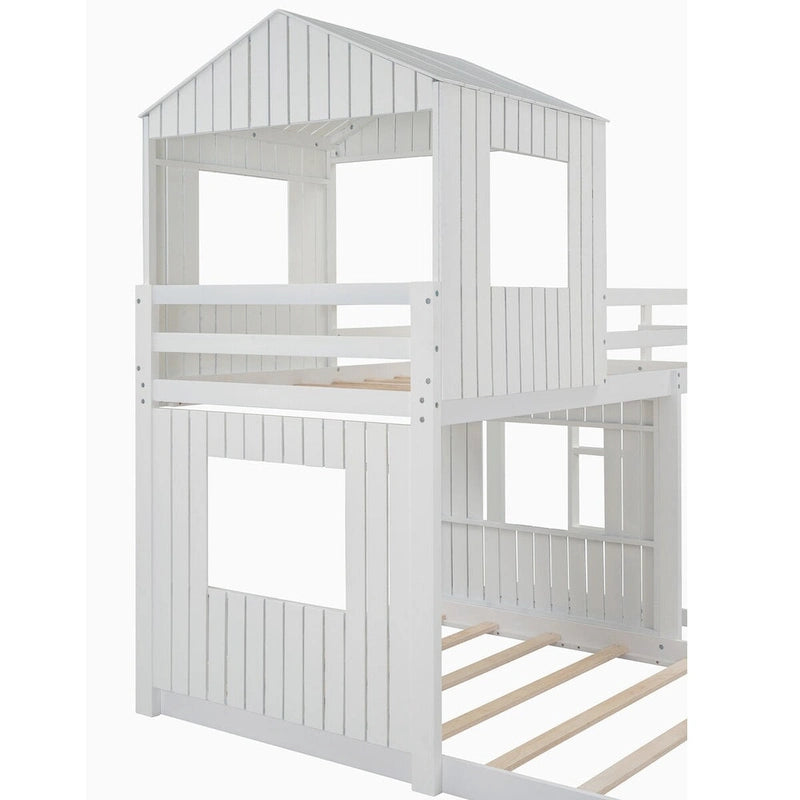 Lit superposé blanc double sur grand avec mezzanine et aire de jeux, 2 couchages