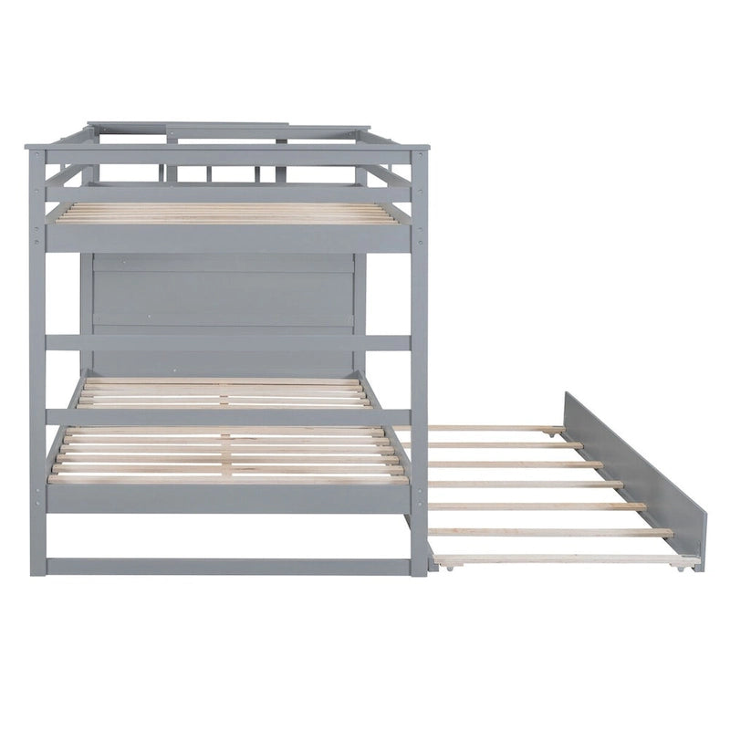 Lit superposé double gris avec lit gigogne double et escalier, 3 couchages
