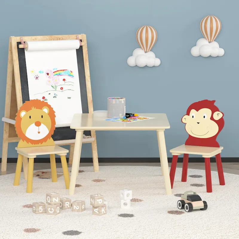 Ensemble table et 2 chaises en bois jaune et rouge pour enfants, 3 pièces, pour 2 enfants