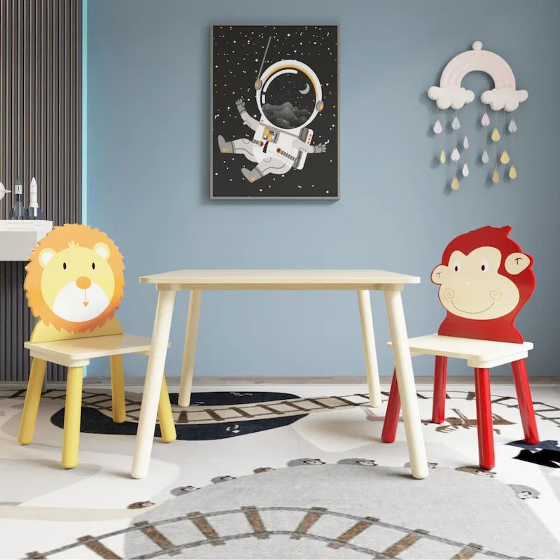Ensemble table et 2 chaises en bois jaune et rouge pour enfants, 3 pièces, pour 2 enfants