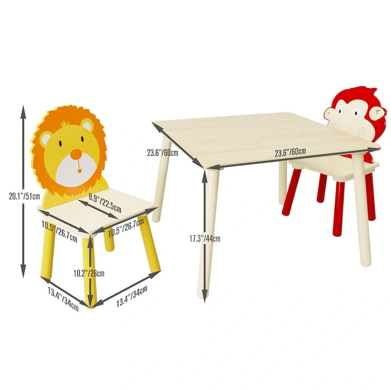 Ensemble table et 2 chaises en bois jaune et rouge pour enfants, 3 pièces, pour 2 enfants