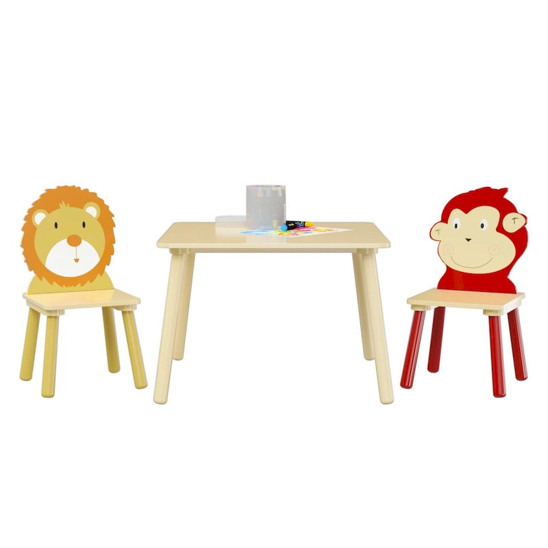 Ensemble table et 2 chaises en bois jaune et rouge pour enfants, 3 pièces, pour 2 enfants