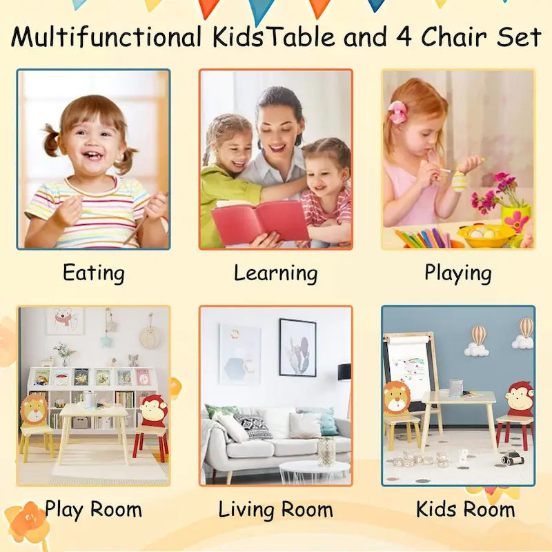 Ensemble table et 2 chaises en bois jaune et rouge pour enfants, 3 pièces, pour 2 enfants