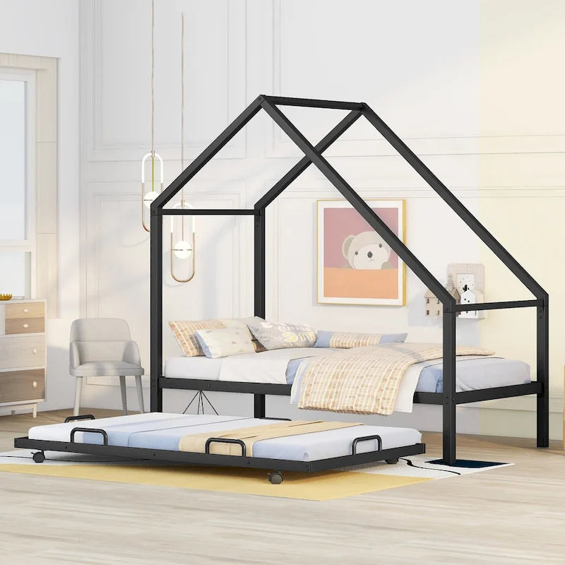 Twin Size House Bed with Trundle, Kids Montessori Beds Metal Canopy Bed Frame for Girls Boys Teens, No Spring Box Needed
