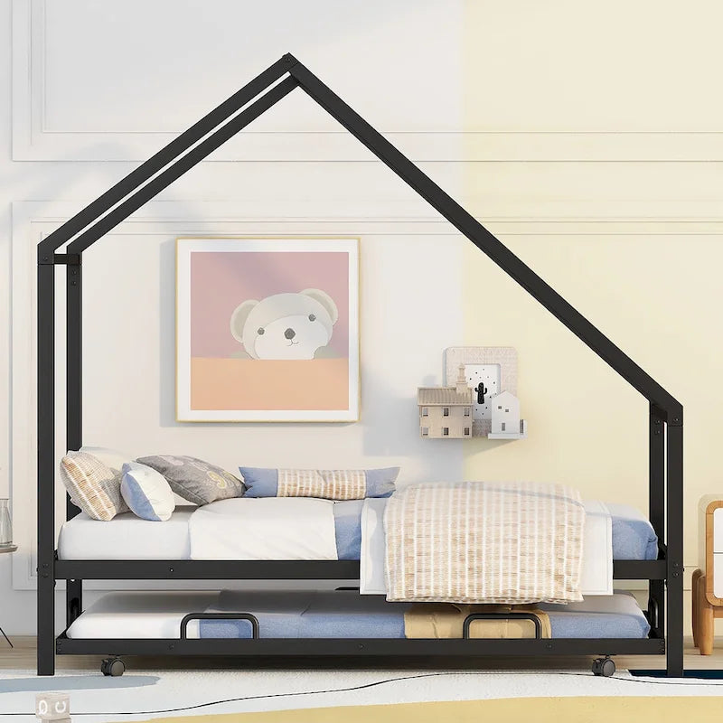 Cadre de lit double en métal en forme de maison rose/noir/blanc avec lit gigogne, pour 1 à 2 enfants