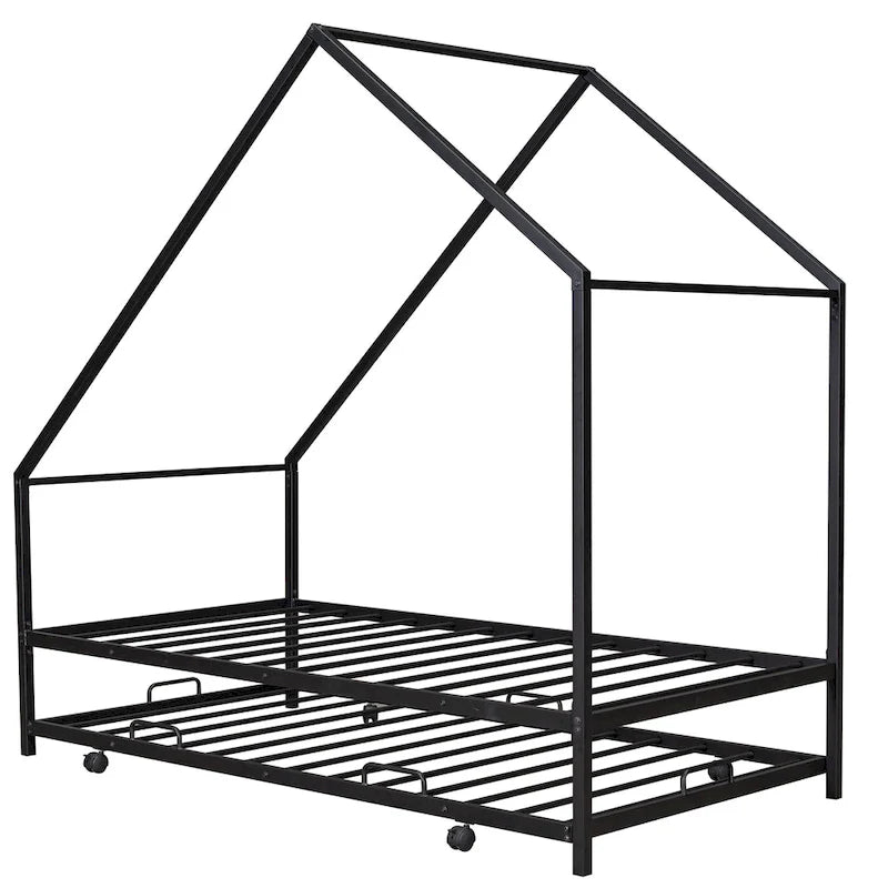 Cadre de lit double en métal en forme de maison rose/noir/blanc avec lit gigogne, pour 1 à 2 enfants