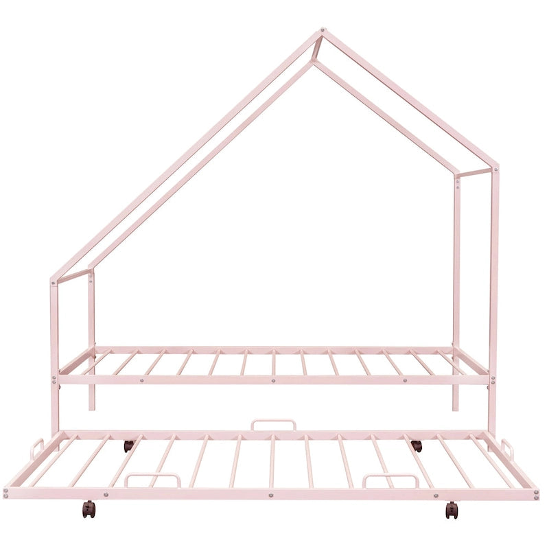 Cadre de lit double en métal en forme de maison rose/noir/blanc avec lit gigogne, pour 1 à 2 enfants