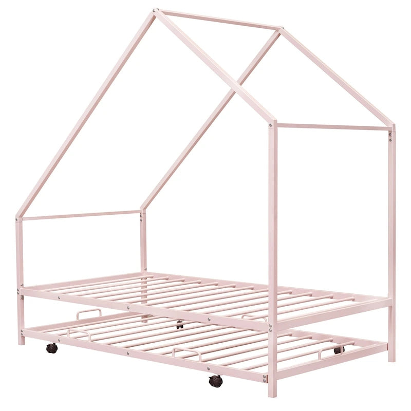 Cadre de lit double en métal en forme de maison rose/noir/blanc avec lit gigogne, pour 1 à 2 enfants