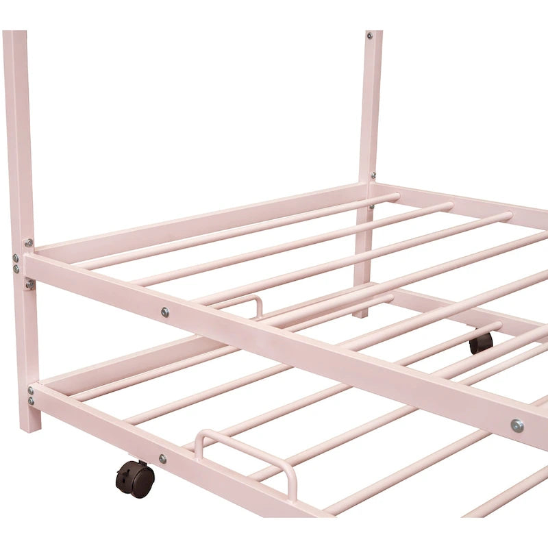 Cadre de lit double en métal en forme de maison rose/noir/blanc avec lit gigogne, pour 1 à 2 enfants