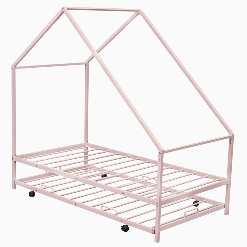 Cadre de lit double en métal en forme de maison rose/noir/blanc avec lit gigogne, pour 1 à 2 enfants