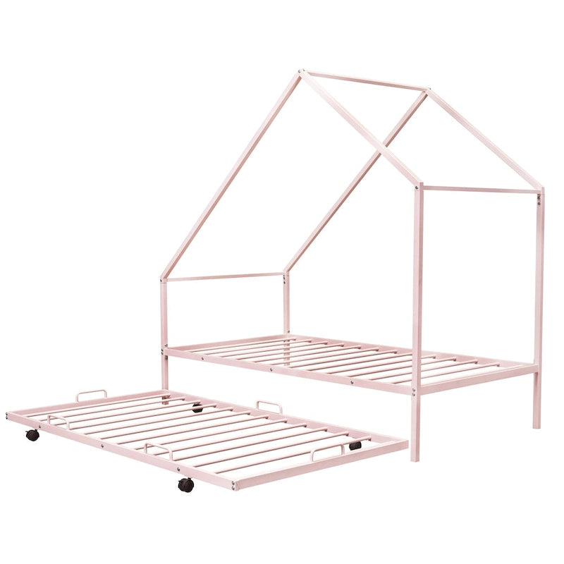 Cadre de lit double en métal en forme de maison rose/noir/blanc avec lit gigogne, pour 1 à 2 enfants
