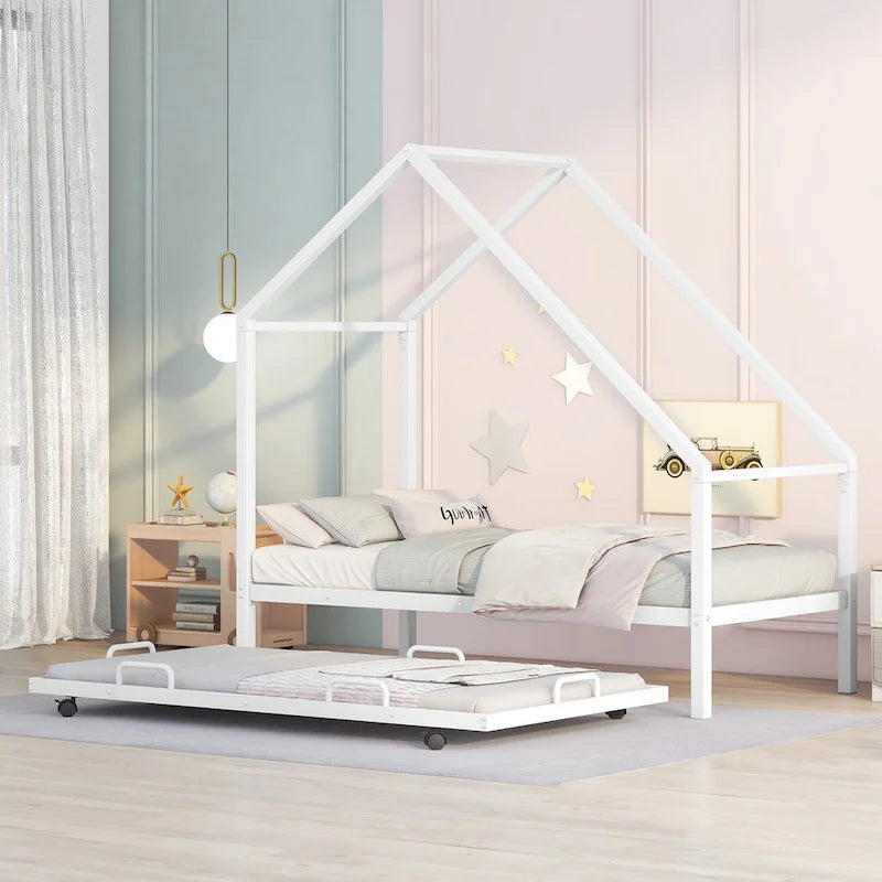 Cadre de lit double en métal en forme de maison rose/noir/blanc avec lit gigogne, pour 1 à 2 enfants
