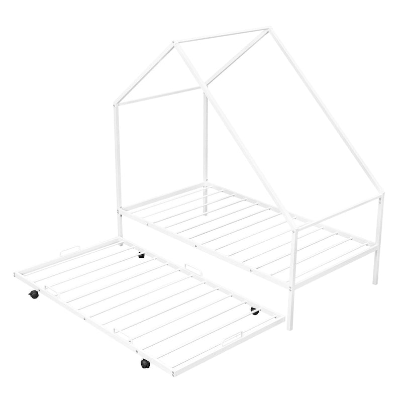 Cadre de lit double en métal en forme de maison rose/noir/blanc avec lit gigogne, pour 1 à 2 enfants