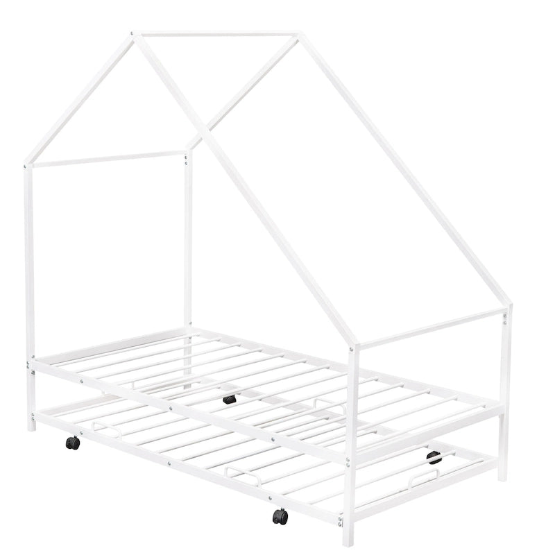 Cadre de lit double en métal en forme de maison rose/noir/blanc avec lit gigogne, pour 1 à 2 enfants