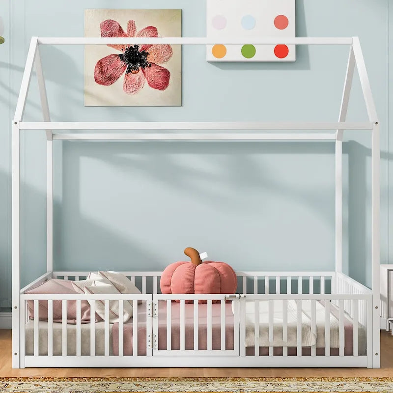Lit en métal complet style Maison Blanche avec barrière et porte, 1 personne