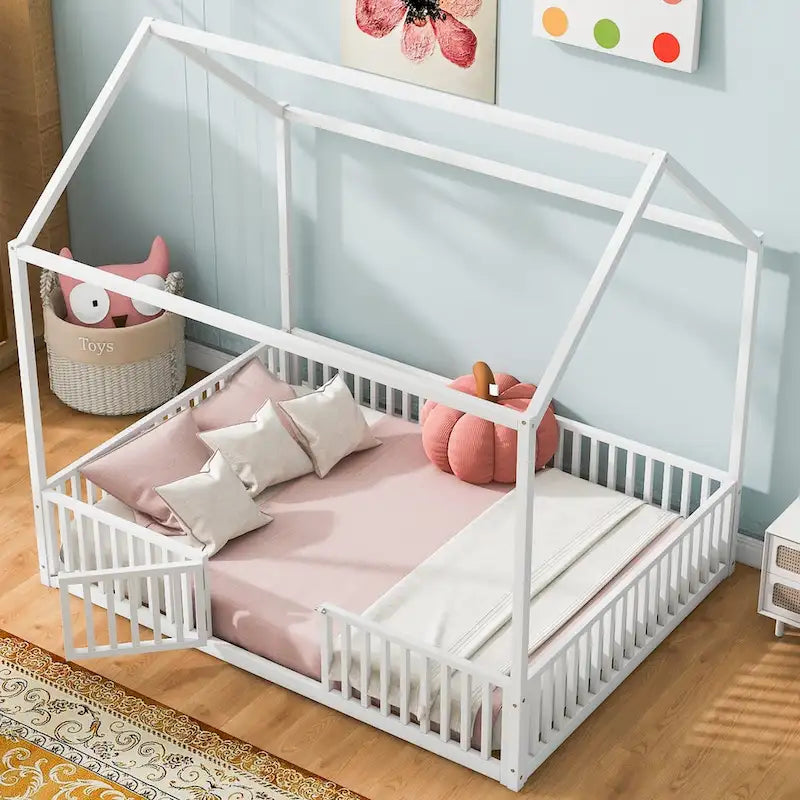 Lit en métal complet style Maison Blanche avec barrière et porte, 1 personne