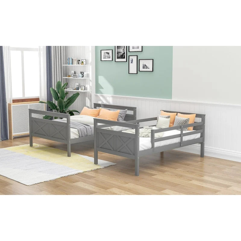 Lit superposé gris double/complet avec garde-corps et échelle, 2 couchages