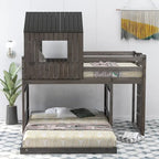 Lit superposé jumeau sur grand en gris antique avec design de cabane, échelle et barrières de sécurité, 2 personnes