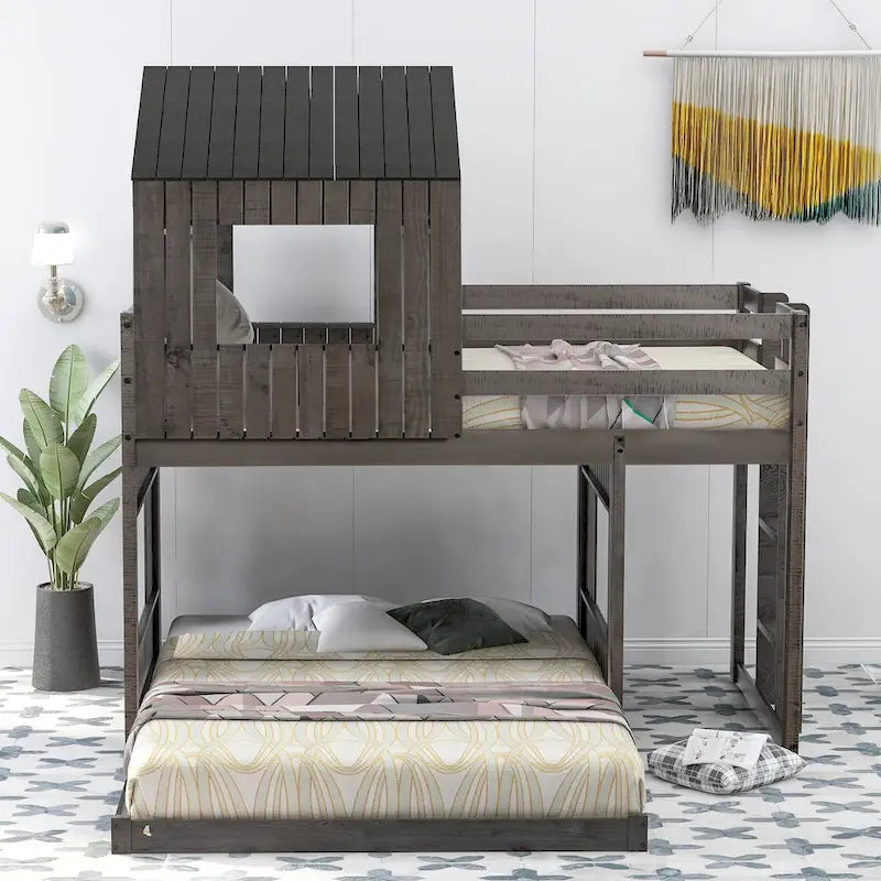 Lit superposé jumeau sur grand en gris antique avec design de cabane, échelle et barrières de sécurité, 2 personnes