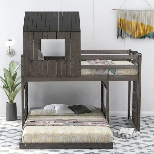 Lit superposé jumeau sur grand en gris antique avec design de cabane, échelle et barrières de sécurité, 2 personnes