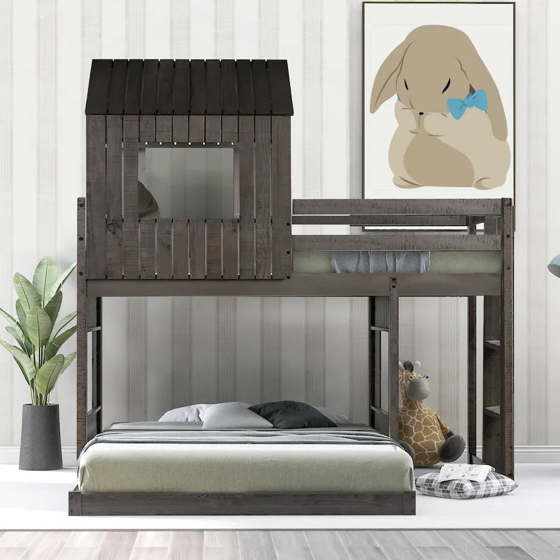 Lit superposé jumeau sur grand en gris antique avec design de cabane, échelle et barrières de sécurité, 2 personnes