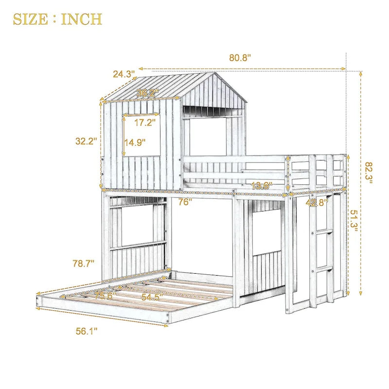Lit superposé jumeau sur grand en gris antique avec design de cabane, échelle et barrières de sécurité, 2 personnes