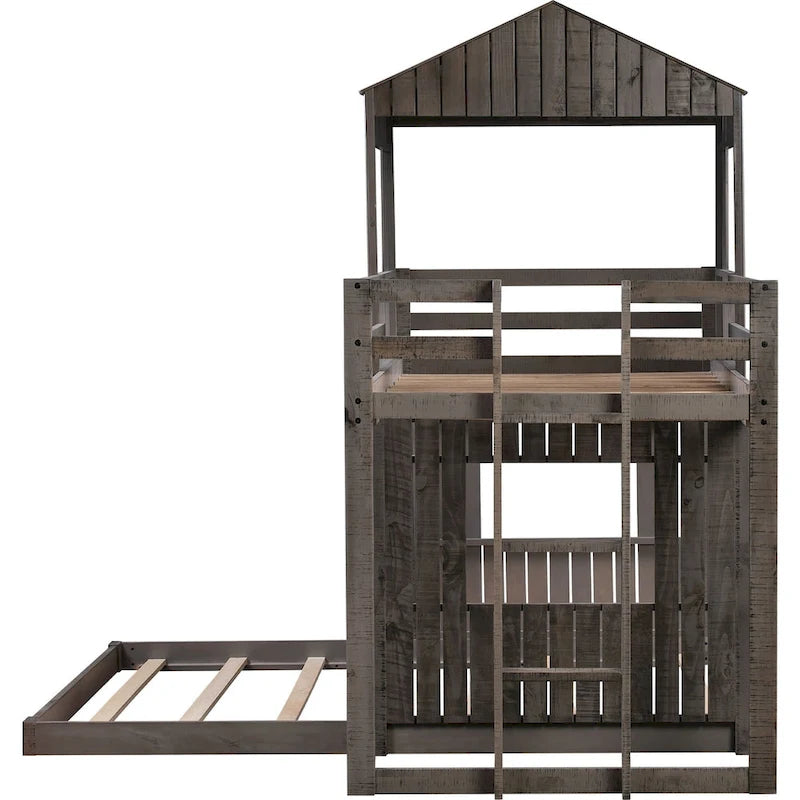 Lit superposé jumeau sur grand en gris antique avec design de cabane, échelle et barrières de sécurité, 2 personnes