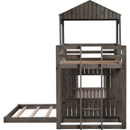 Lit superposé jumeau sur grand en gris antique avec design de cabane, échelle et barrières de sécurité, 2 personnes