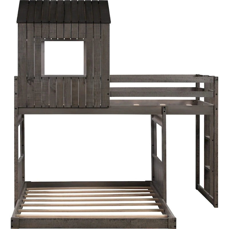 Lit superposé jumeau sur grand en gris antique avec design de cabane, échelle et barrières de sécurité, 2 personnes