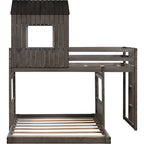 Lit superposé jumeau sur grand en gris antique avec design de cabane, échelle et barrières de sécurité, 2 personnes