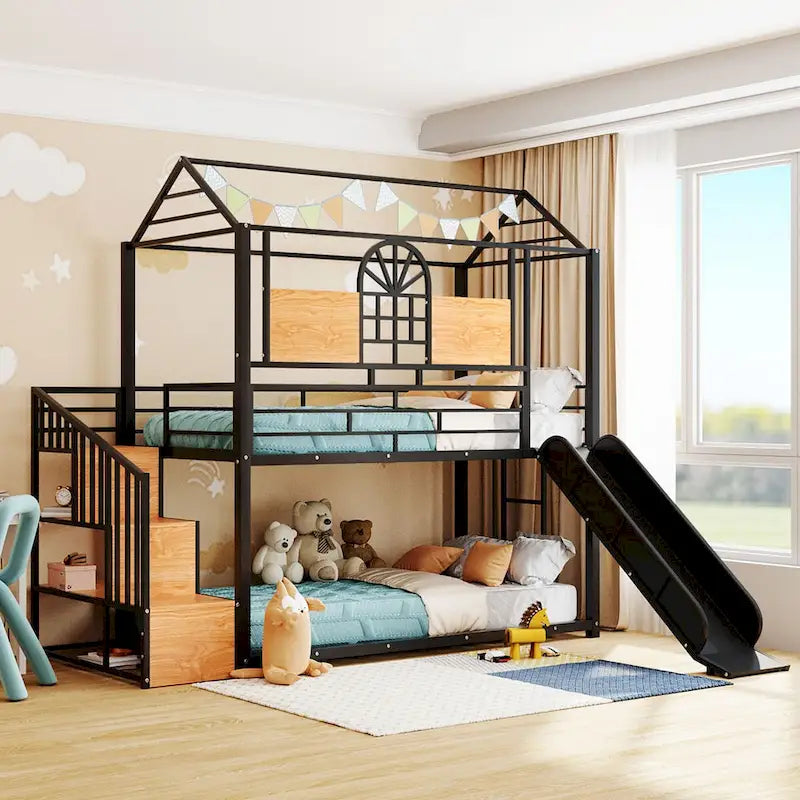Twin over Twin Metal Bunk Bed with Slide and Storage Stair