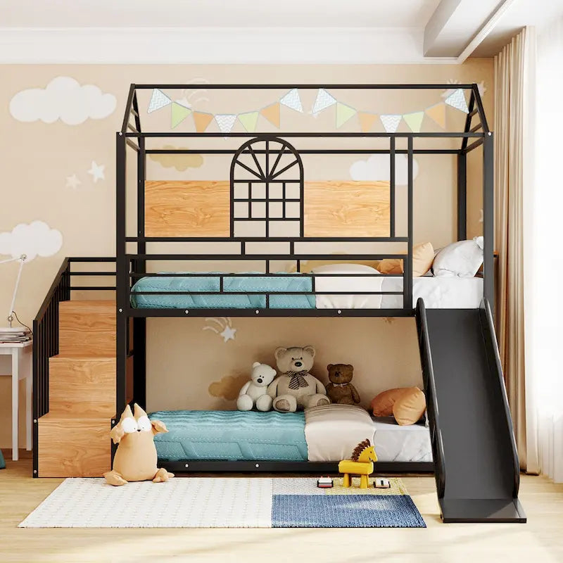 Lit superposé noir, style cabane, simple sur simple avec toboggan – 2 personnes