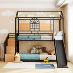 Lit superposé noir, style cabane, simple sur simple avec toboggan – 2 personnes