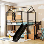 Lit superposé noir, style cabane, simple sur simple avec toboggan – 2 personnes