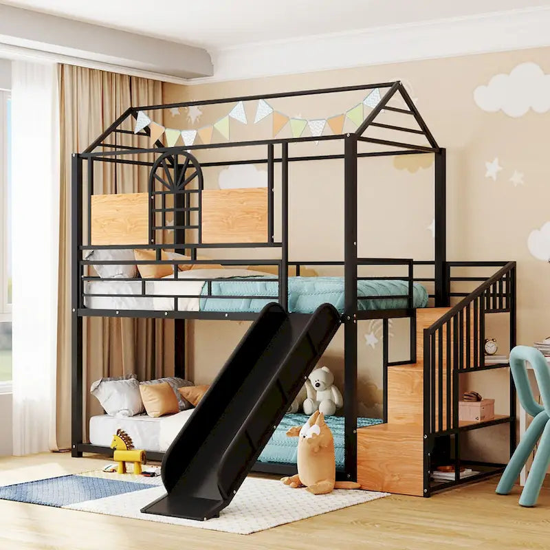 Lit superposé noir, style cabane, simple sur simple avec toboggan – 2 personnes