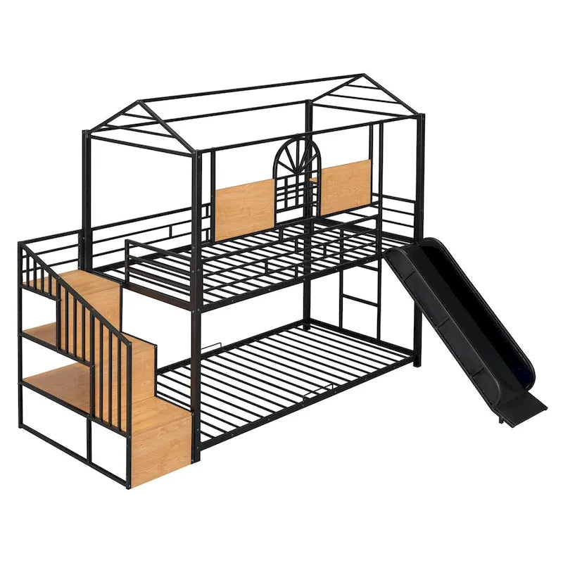 Lit superposé noir, style cabane, simple sur simple avec toboggan – 2 personnes