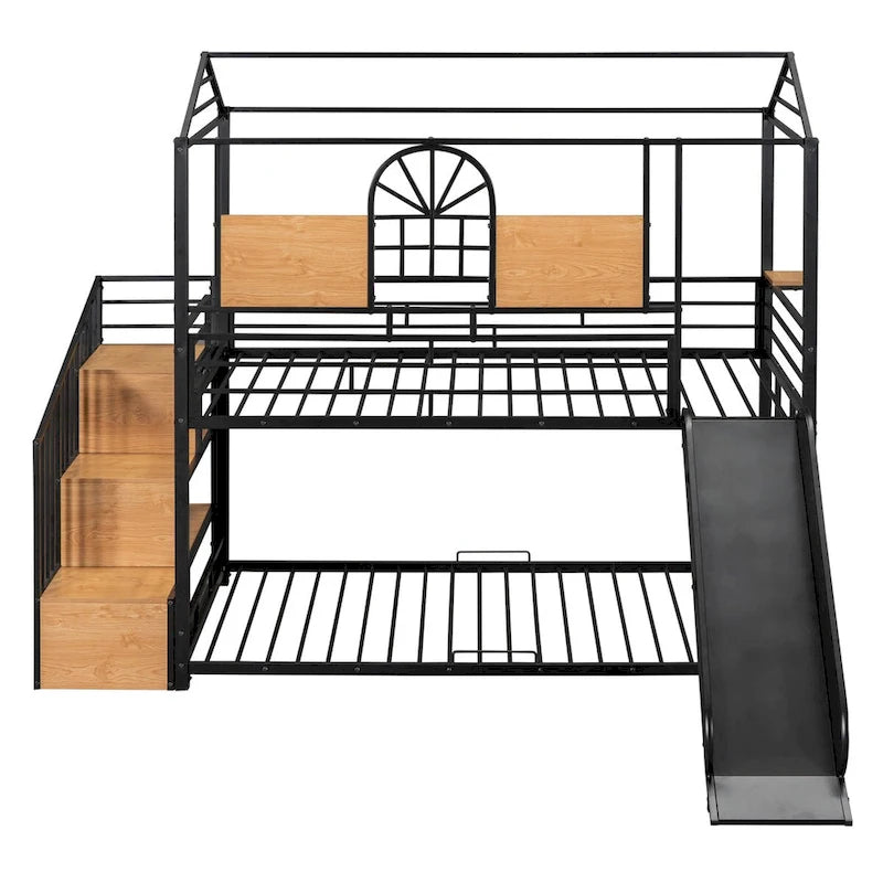 Lit superposé noir, style cabane, simple sur simple avec toboggan – 2 personnes