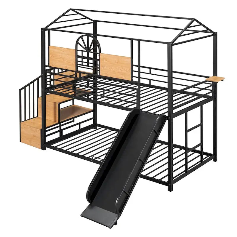 Lit superposé noir, style cabane, simple sur simple avec toboggan – 2 personnes