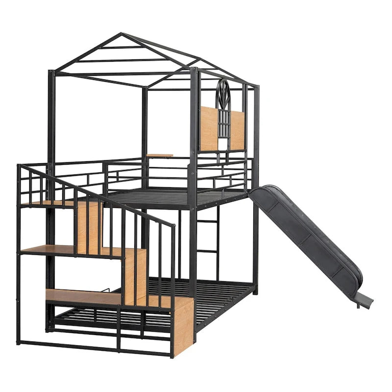 Lit superposé noir, style cabane, simple sur simple avec toboggan – 2 personnes
