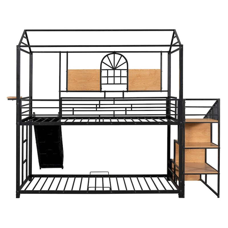 Lit superposé noir, style cabane, simple sur simple avec toboggan – 2 personnes