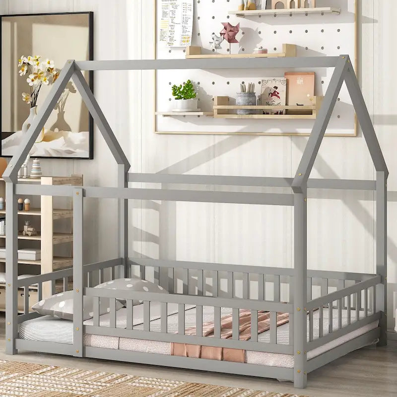Lit au sol pleine grandeur blanc / gris / rose / marron – style toit de maison, 1 personne
