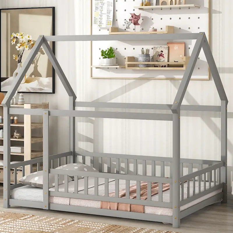 Full Size Floor Wooden Bed with House Roof Frame, Fence Guardrails, NO Box Spring Required, Easy Assembly