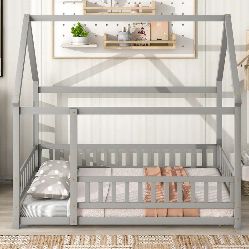 Lit au sol pleine grandeur blanc / gris / rose / marron – style toit de maison, 1 personne