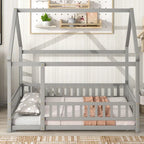 Lit au sol pleine grandeur blanc / gris / rose / marron – style toit de maison, 1 personne