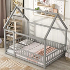 Lit au sol pleine grandeur blanc / gris / rose / marron – style toit de maison, 1 personne